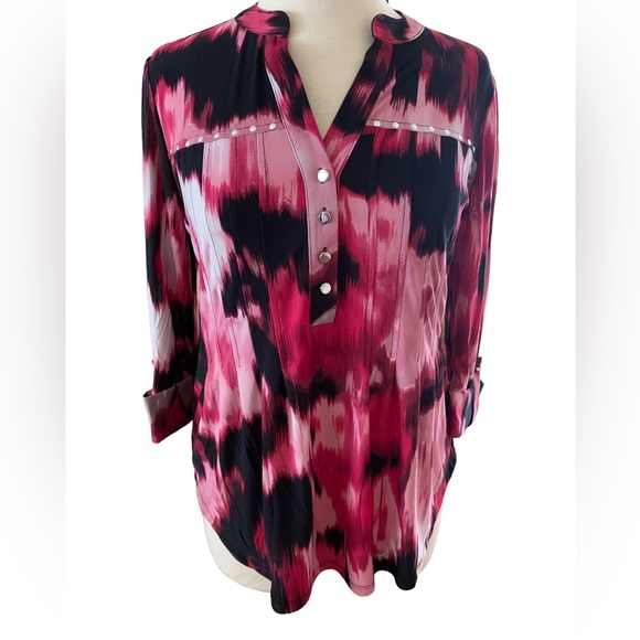 COCOMO Small Red pink white 3/4 sleeve women's Pin tuck Blouse top shirt - Picture 2 of 12